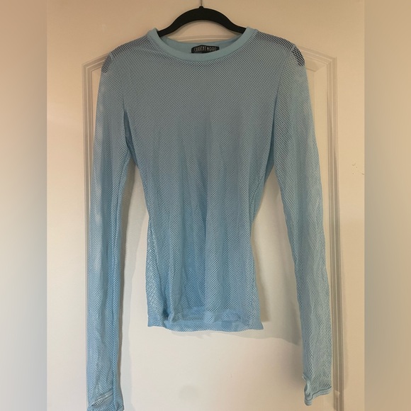 Current Mood Tops - Sky Blue Fish Net Long Sleeve Top